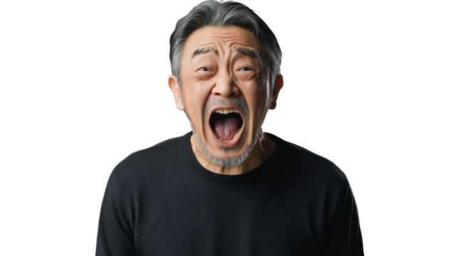 Senior man shouting with transparent background: expressing anger and frustration