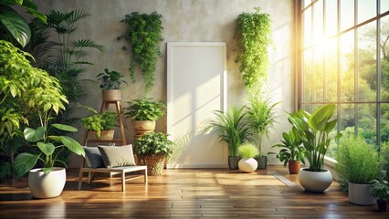 Sunlit Greenery Meets Minimalist Design: A Double Exposure Mockup of a Tranquil Interior Space with Lush Plants and a Blank Canvas for Creative Inspiration