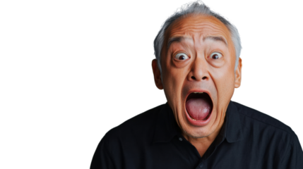 Shocked senior man opening mouth in amazement on transparent background