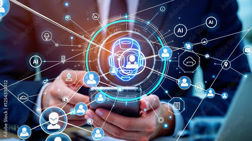 Poster business professional using smartphone with ai technology interface and digital communication icons