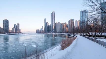 Fototapeta premium Chicago Riverfront in Winter. Panoramic view of frozen river, cityscape, and snow-covered park. Perfect for stock use