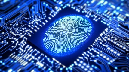Intricate fingerprint pattern illuminated on a circuit board, symbolizing technology and security innovation