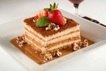 slice of tiramisu  topped with crushed nuts, a fresh strawberry, and a mint leaf, served on a square white dish

