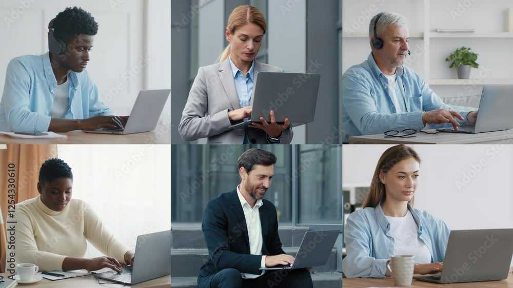 Poster a group of six individuals engaged in remote work, using laptops in a stylish and bright office envi