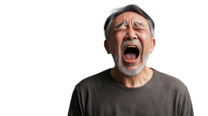 Senior man shouting with transparent background: expressing anger and frustration