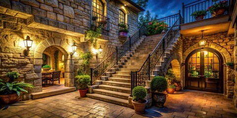 Fototapeta premium Elegant Night Photography of a Grand Entryway with Stone Walls, Staircase, and Decorative Lighting for Home Decor Inspiration