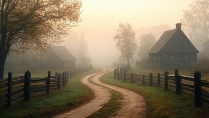 Misty Village Path at Dawn &ndash; Foggy Trail Through a Rustic Countryside