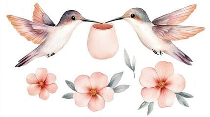 Fototapeta premium Two hummingbirds sharing nectar from a delicate vase surrounded by soft pink flowers