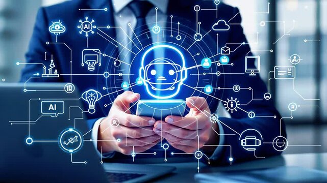 Business professional holding smartphone with digital AI chatbot interface and technology icons