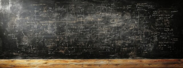 A chalkboard filled with intricate mathematical equations and diagrams is displayed in a classroom. The detailed writing suggests an advanced subject being taught, surrounded by a wooden ledge