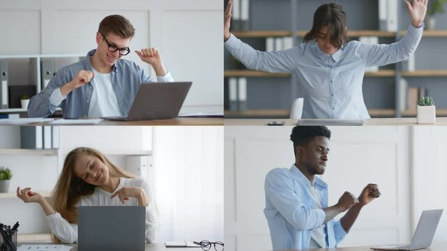 Four individuals engage in a lively virtual meeting, showcasing enthusiasm and teamwork. Each person actively participates from their respective stations in a well-lit, modern office environment.