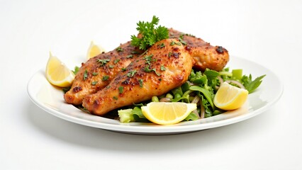 Roasted Chicken Legs with Lemon and Salad on White Plate