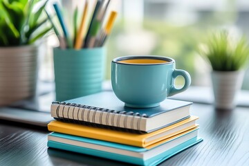 Serene Workspace: Blue Mug and Stacked Notebooks