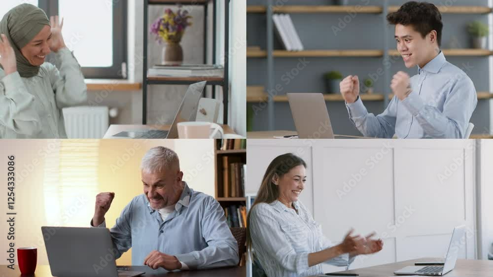 Poster four people of different genders and ages focus on their laptops in distinct home office environment