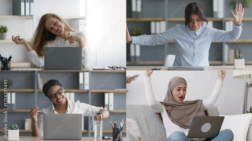 Poster a diverse group of four women participates in video calls from their homes, showcasing various expre