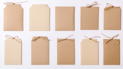 Fototapeta premium Assorted blank kraft paper tags and envelopes on white background