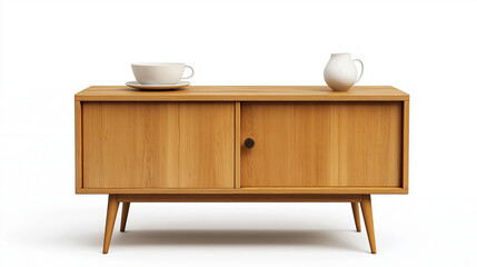 modern brown   sideboard made of wood  isolated on white wall background and vase above it