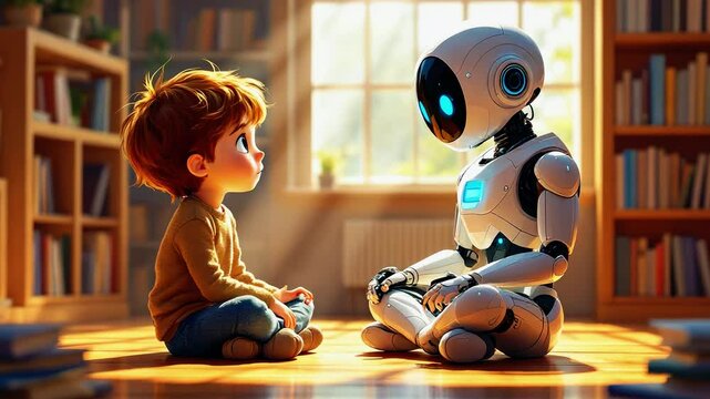 A young boy and a friendly robot engage in a thoughtful conversation in a sunlit library filled with books