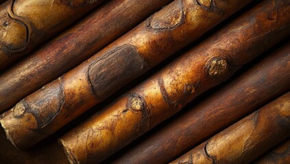 Close-up view of Stacked Brown Wooden Sticks with Natural Texture