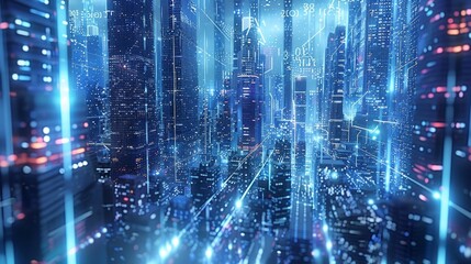 Fototapeta premium A futuristic cityscape with blockchain data streams flowing through depicting how this technology can revolutionize sustainable urban development and create smarter greener cities.
