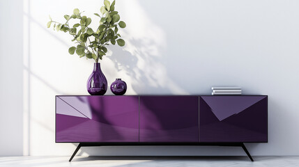 modern purple   sideboard made of wood  isolated on white wall background and vase above it