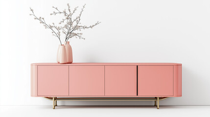 modern pink   sideboard made of wood  isolated on white wall background and vase above it