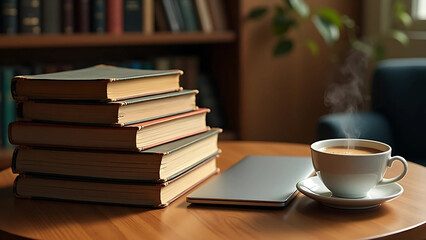 Naklejka premium • A cozy scene unfolds before us, as a carefully Aranged stack of thick, well-loved books rests on a polished oak table alongside a sleek laptop and a steaming cup of rich coffee.