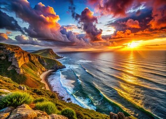 Fototapeta premium Fiery sunset paints Cape Cod's coastal cliffs, ocean mirroring the vibrant hues.