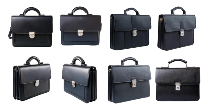 Various Elegant Black Briefcases on White Background Displayed Together, isolated on transparent background