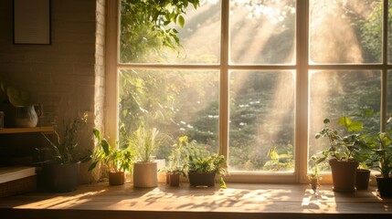 Sunlight Streaming Through Window onto Lush Houseplants