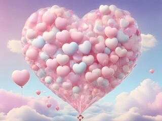 Heart shaped hot air balloon made of pink and white heart balloons floating in the sky