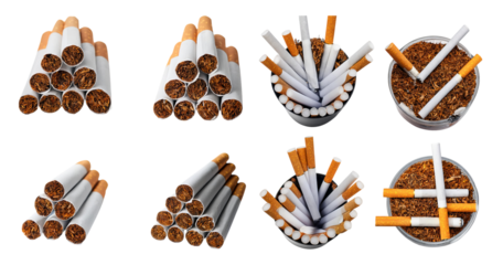 Various Arrangements of Cigarettes and Ashtray with Tobacco, isolated on transparent background