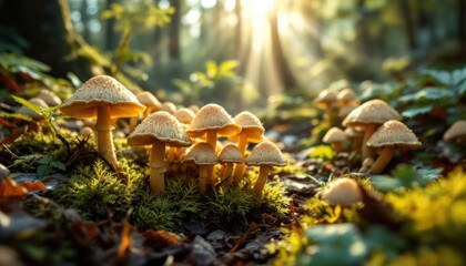 Sunlit Mushrooms in a Forest