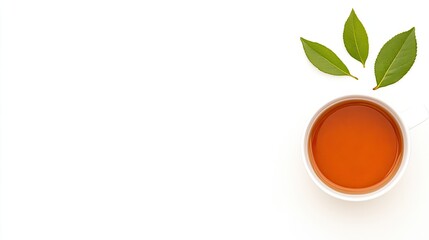 A serene cup of freshly brewed tea surrounded by vibrant green leaves on a clean white background