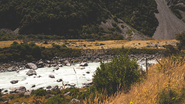 Beautiful mountain scenic views mount cook new zealand hooker valley hike walk trail river blue milki colour