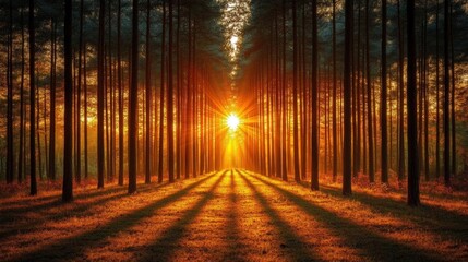 Fototapeta premium Golden Sunlight Through Forest Trees At Sunset