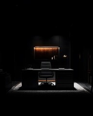 Dark Minimalist Office Interior with Desk and Chair