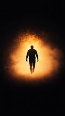 Silhouette of a figure walking towards a glowing light in a smoky environment at dusk