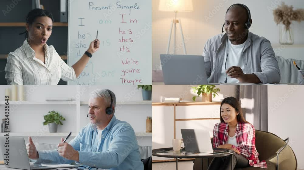 Poster diverse students and teachers engage in online english lessons, featuring a mix of teaching methods 