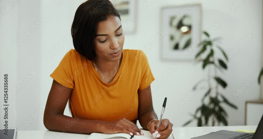 Fototapete studying, writing and woman with notebook, home and research for assignment with laptop, course and 