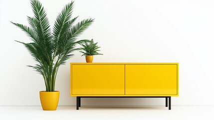 modern yellow   sideboard made of wood  isolated on white wall background and  plants in pot 