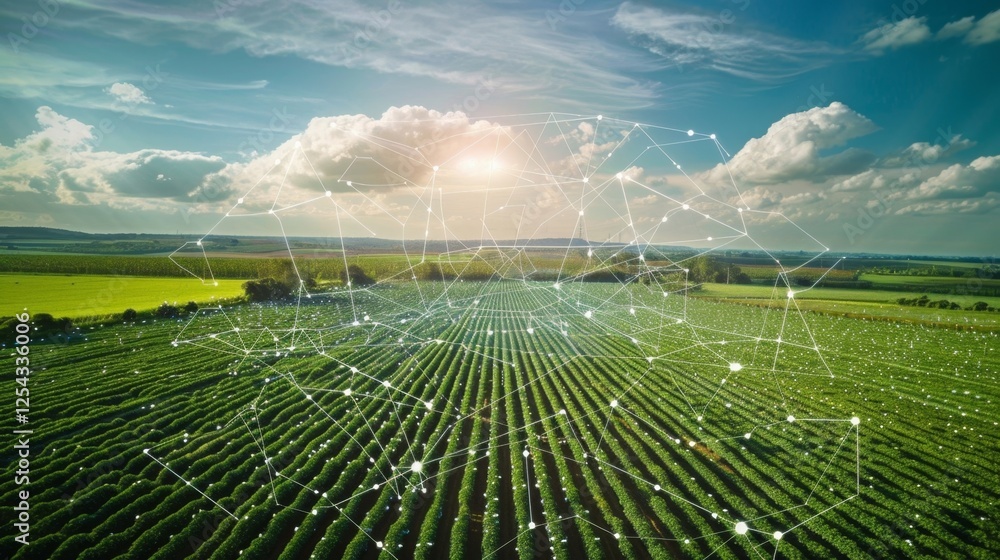 Poster a sprawling farmland with a giant chain structure in the center showcasing how blockchain is consoli
