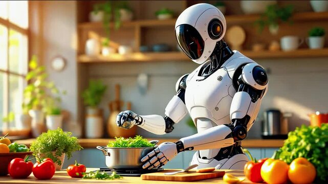 Robot chef preparing a fresh salad in a modern kitchen with vibrant vegetables and sunlight