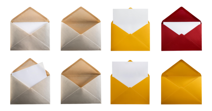 Colorful Envelope Collection for Invitations and Letter Writing, isolated on transparent background