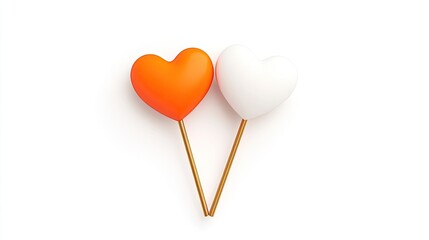 Two colorful heart-shaped objects on wooden sticks against a plain white background, symbolizing love