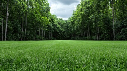Obraz premium Lush green grass field in a forest, a tranquil scene