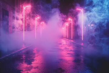 Street scene featuring a pink light illuminating the area at night with buildings and pavement visible