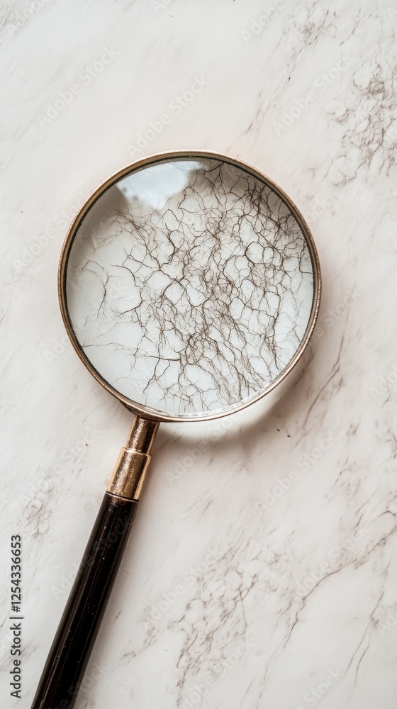 Poster exploring skin texture with a magnifying glass revealing dry and flaky skin. generative ai