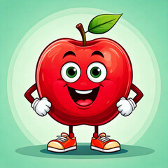 The character of an apple with a mouth, eyes, hands, and feet. It looks sporty with a smiling face. 