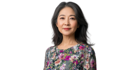 Confident senior asian woman posing on transparent background